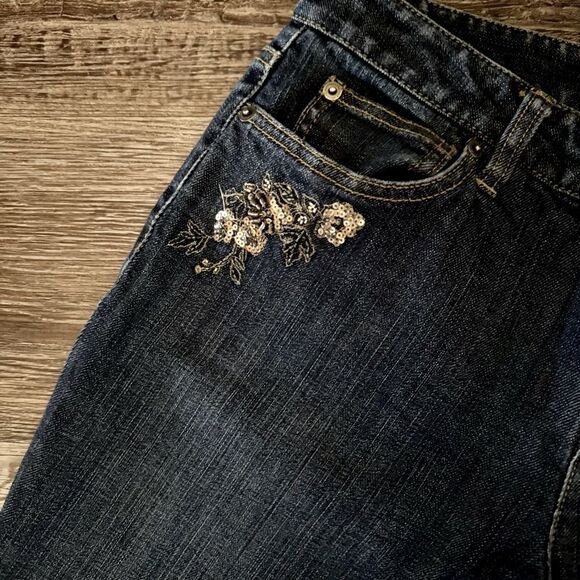 Ann Taylor Dark Blue Bootcut Jeans with Gold Sequined Floral Embroidery Size 6 - Picture 4 of 11
